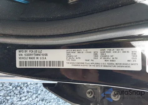 2021 Ram 1500 Big Horn 4X4 5'7 Box из США, поврежденный, VIN 1C6SRFFT5MN716105